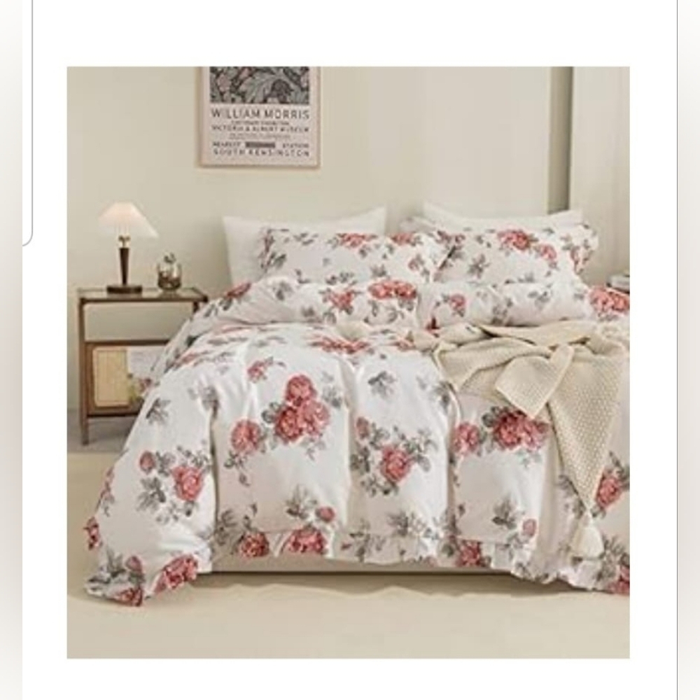 King Size Duvet Floral Bedding Set - White and Pink
